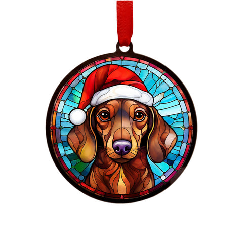 Dachshund Red in Santa Hat Suncatcher Decoration